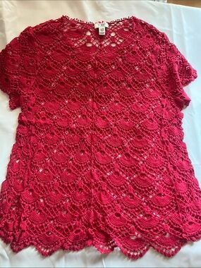 Cato Red Crochet Short Sleeve Tunic Top